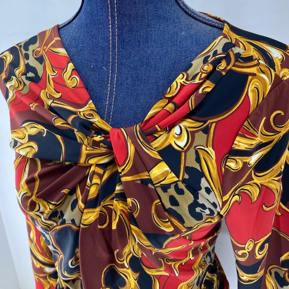Carmen Marc Valvo Womens Blouse stretchy twist knot Top Shirt Sz L Animal Print